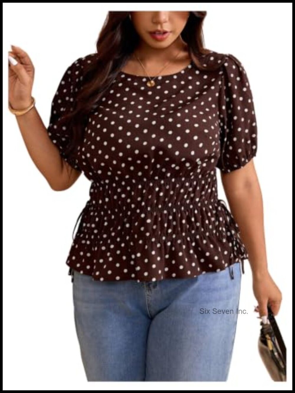 Plus Size Peplum Polka Dot Tie Side Blouse Short Sleeve Ruffle Hem Top